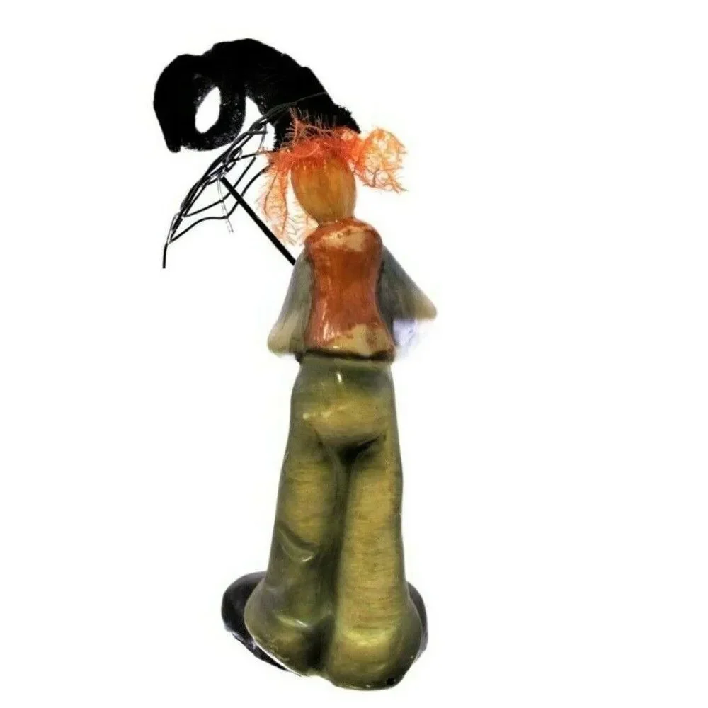 Clown Pumpkin Head Figurine Primitive Vintage Resin Shabby Umbrella & Fuzzy Hair